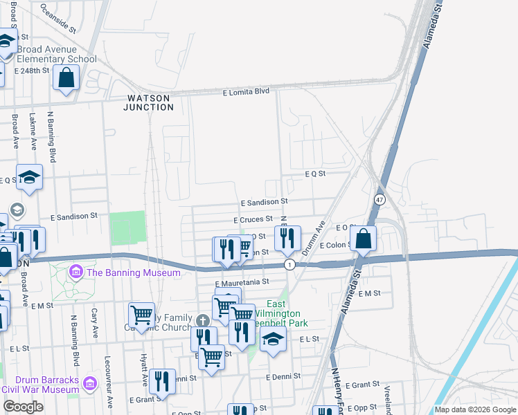 map of restaurants, bars, coffee shops, grocery stores, and more near 1413 East Cruces Street in Los Angeles