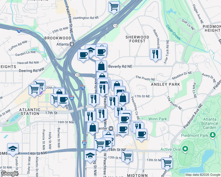 map of restaurants, bars, coffee shops, grocery stores, and more near 1409-1427 Peachtree Street Northeast in Atlanta