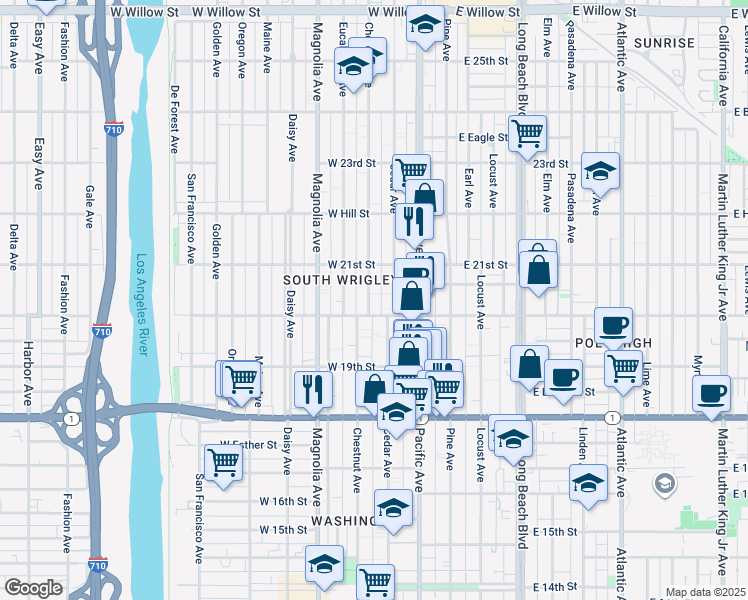 map of restaurants, bars, coffee shops, grocery stores, and more near 2024 Chestnut Avenue in Long Beach