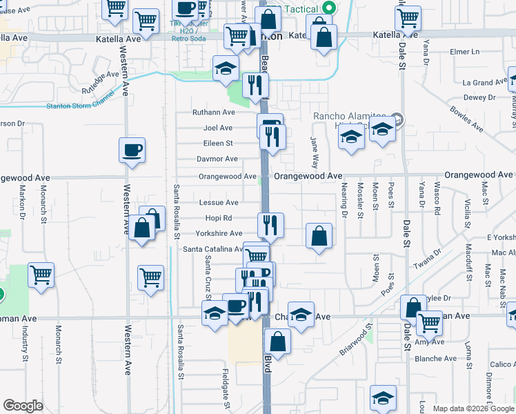 map of restaurants, bars, coffee shops, grocery stores, and more near 11622 Beach Boulevard in Stanton