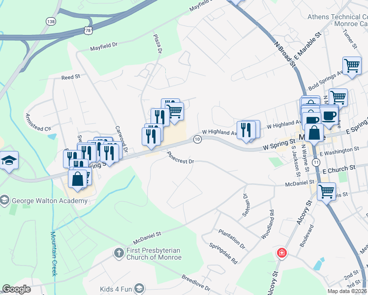 map of restaurants, bars, coffee shops, grocery stores, and more near 115 Pine Crest Drive in Monroe