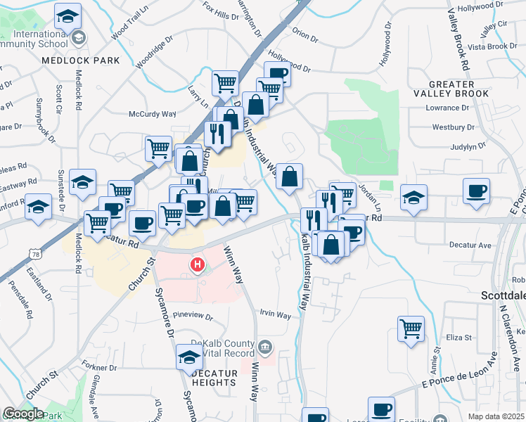 map of restaurants, bars, coffee shops, grocery stores, and more near 2784 North Decatur Road in Decatur