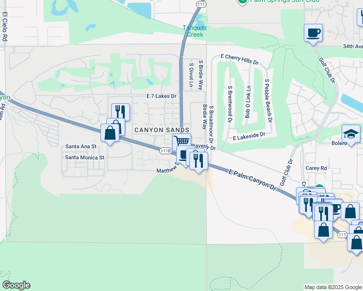 map of restaurants, bars, coffee shops, grocery stores, and more near South Gene Autry Trail & East Waverly Drive in Palm Springs