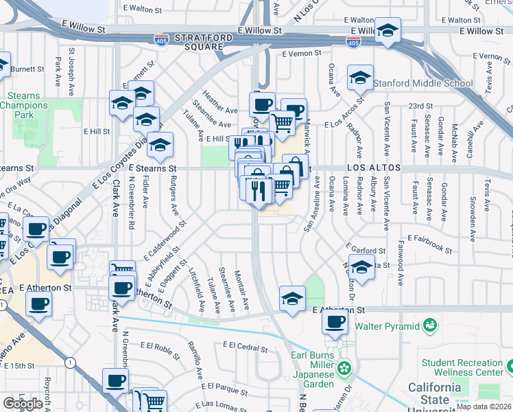 map of restaurants, bars, coffee shops, grocery stores, and more near 2110 Bellflower Boulevard in Long Beach