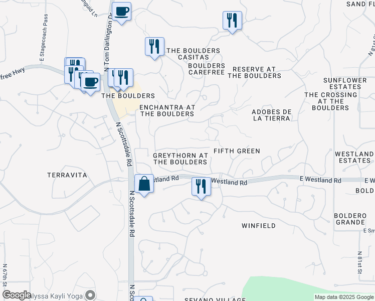 map of restaurants, bars, coffee shops, grocery stores, and more near 7447 East High Point Drive in Scottsdale