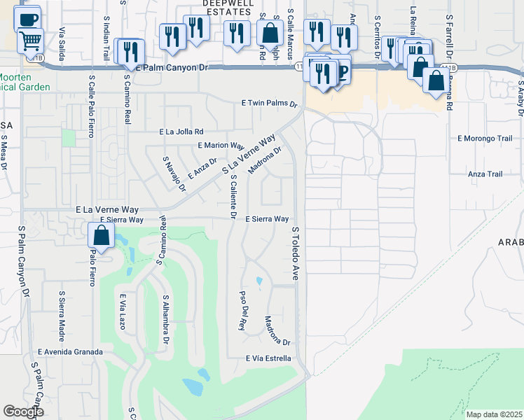map of restaurants, bars, coffee shops, grocery stores, and more near 1491 East Sierra Way in Palm Springs