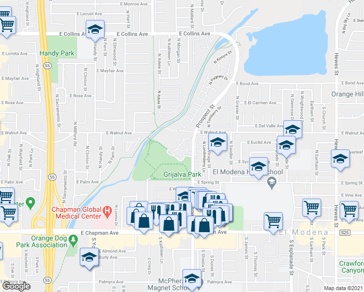 map of restaurants, bars, coffee shops, grocery stores, and more near 1 East Carisbrooke in Orange