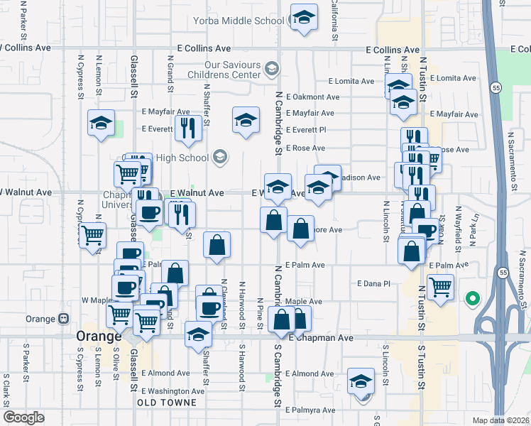 map of restaurants, bars, coffee shops, grocery stores, and more near 404 North Cambridge Street in Orange