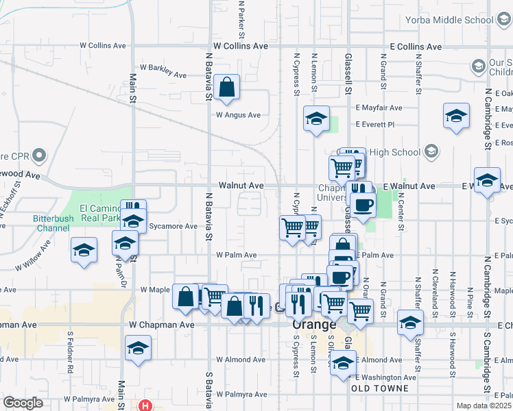 map of restaurants, bars, coffee shops, grocery stores, and more near 1138 Canfield Place in Orange
