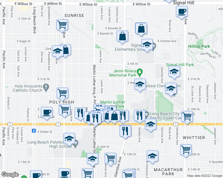 map of restaurants, bars, coffee shops, grocery stores, and more near 2005 Cerritos Avenue in Long Beach