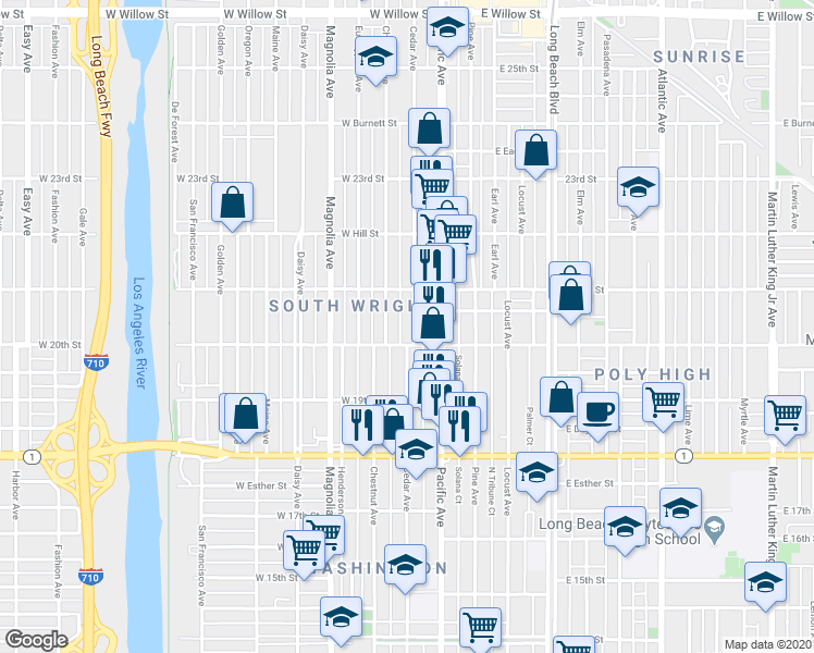 map of restaurants, bars, coffee shops, grocery stores, and more near 311 West 20th Street in Long Beach