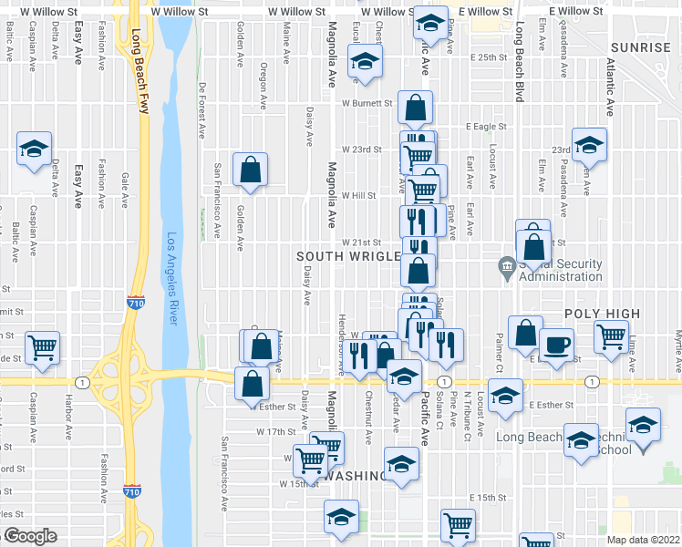 map of restaurants, bars, coffee shops, grocery stores, and more near 400 West 20th Street in Long Beach