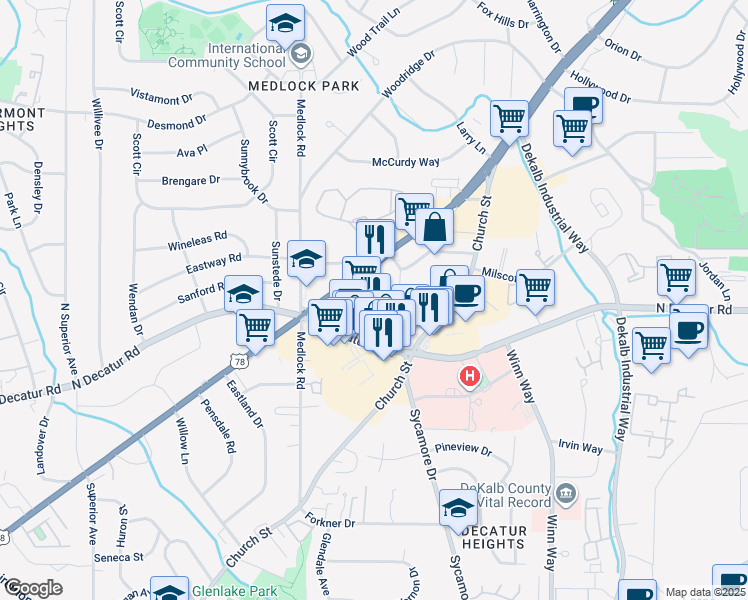map of restaurants, bars, coffee shops, grocery stores, and more near 2566 Blackmon Drive in Decatur