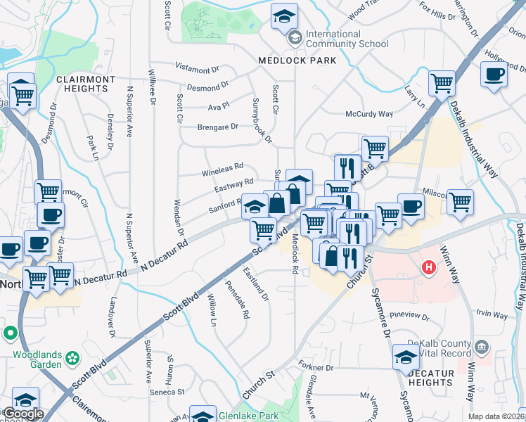 map of restaurants, bars, coffee shops, grocery stores, and more near 2453 North Decatur Road in Decatur