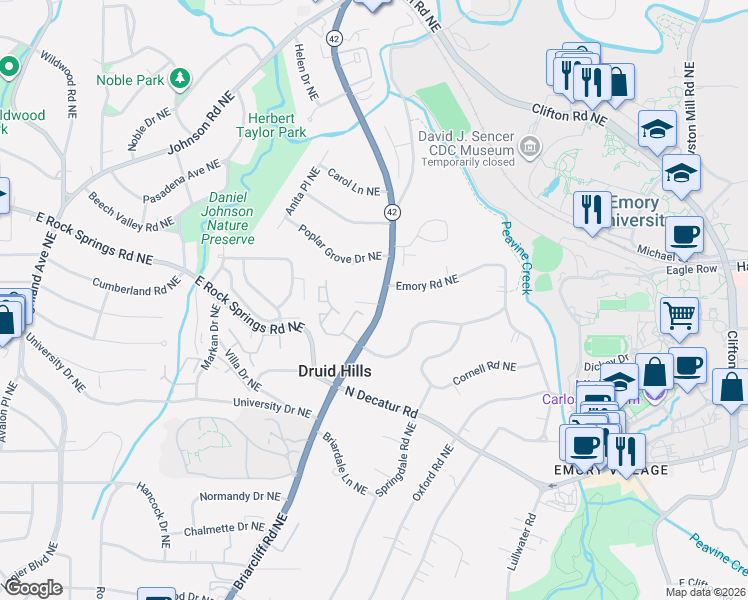 map of restaurants, bars, coffee shops, grocery stores, and more near 1433 Briarcliff Road Northeast in Atlanta