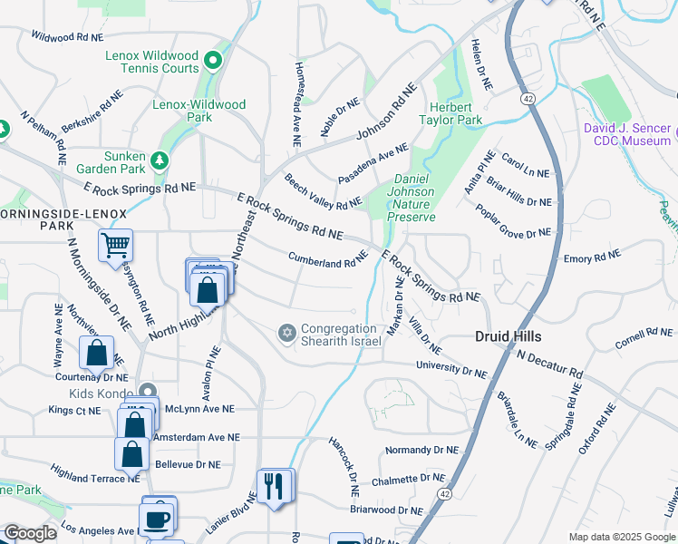 map of restaurants, bars, coffee shops, grocery stores, and more near 1251 Cumberland Road Northeast in Atlanta