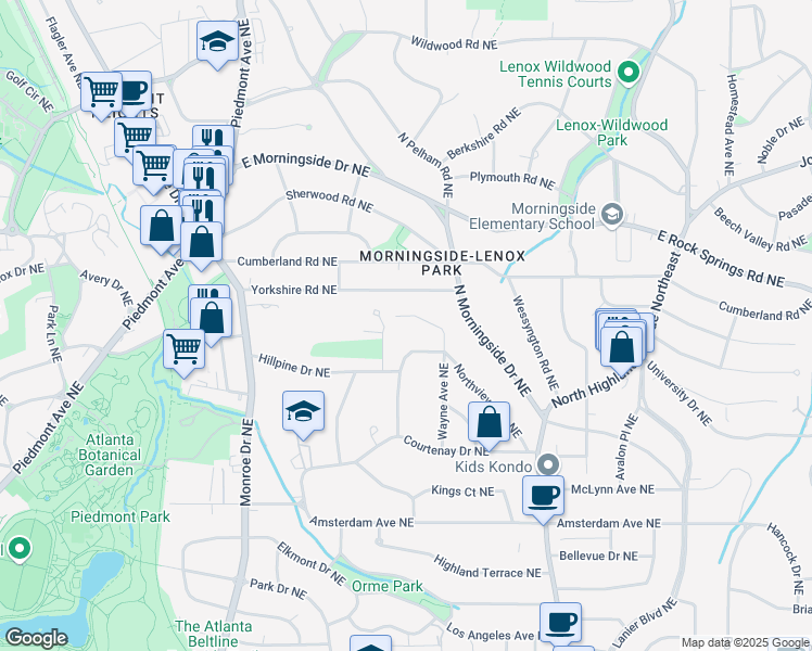map of restaurants, bars, coffee shops, grocery stores, and more near 1419 Hillpine Lane Northeast in Atlanta