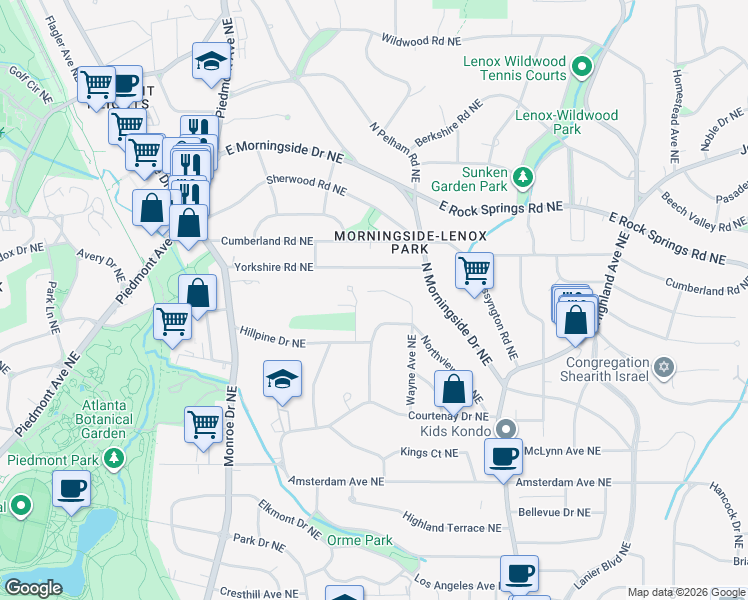 map of restaurants, bars, coffee shops, grocery stores, and more near 1419 Hillpine Lane Northeast in Atlanta