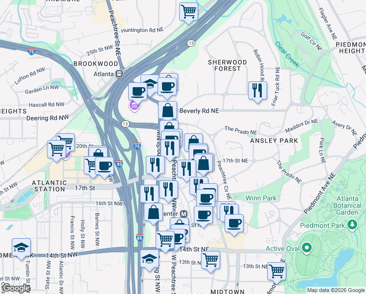 map of restaurants, bars, coffee shops, grocery stores, and more near 1409-1427 Peachtree Street Northeast in Atlanta