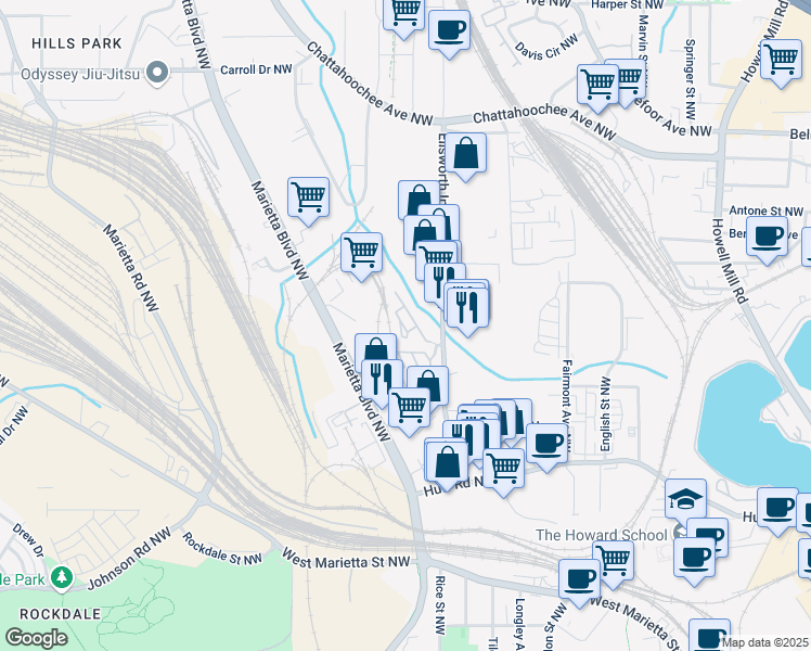 map of restaurants, bars, coffee shops, grocery stores, and more near 1370 Stirling Circle Northwest in Atlanta