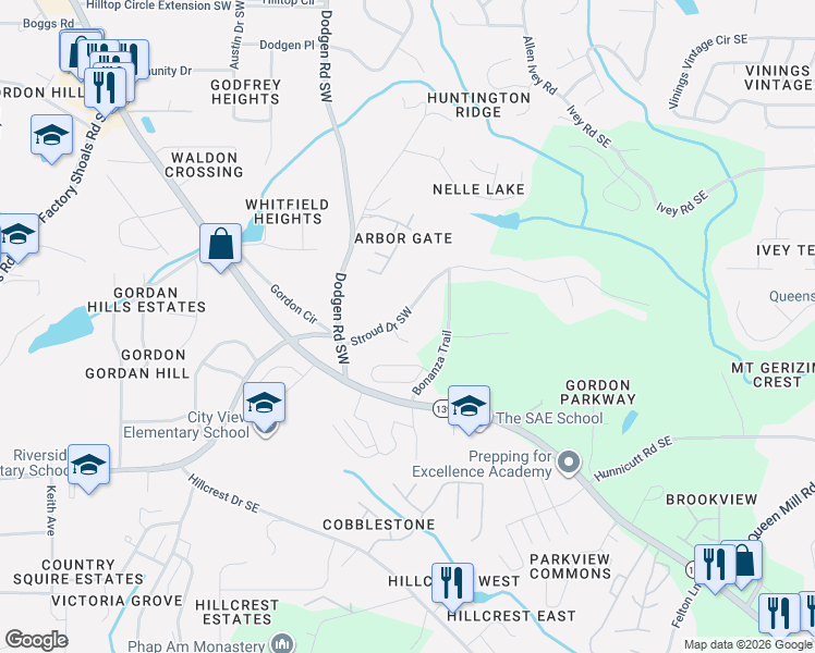 map of restaurants, bars, coffee shops, grocery stores, and more near 50 Stroud Drive Southeast in Mableton