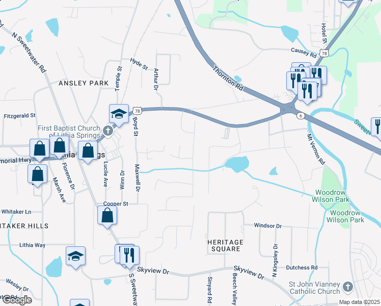 map of restaurants, bars, coffee shops, grocery stores, and more near 350 Paces Drive in Lithia Springs