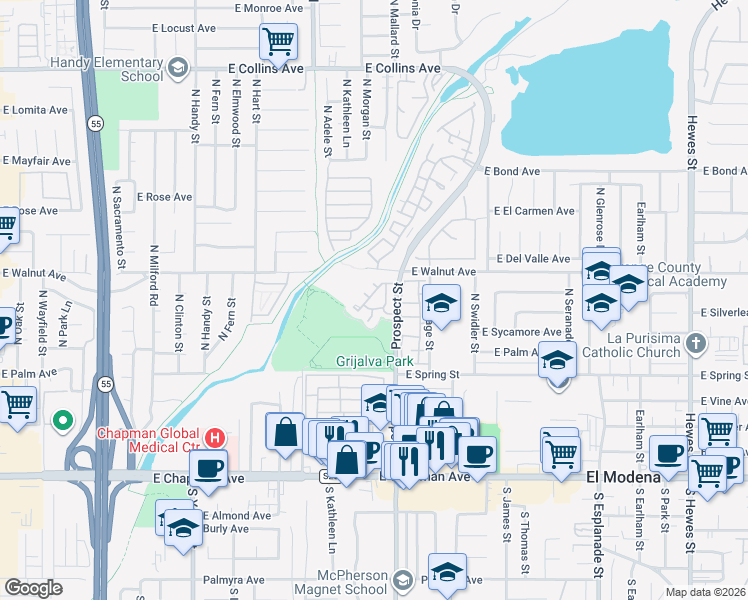 map of restaurants, bars, coffee shops, grocery stores, and more near 406 North Kenwood in Orange