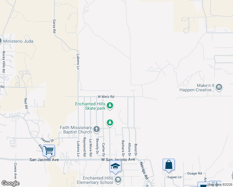 map of restaurants, bars, coffee shops, grocery stores, and more near 1378 West Metz Road in Perris