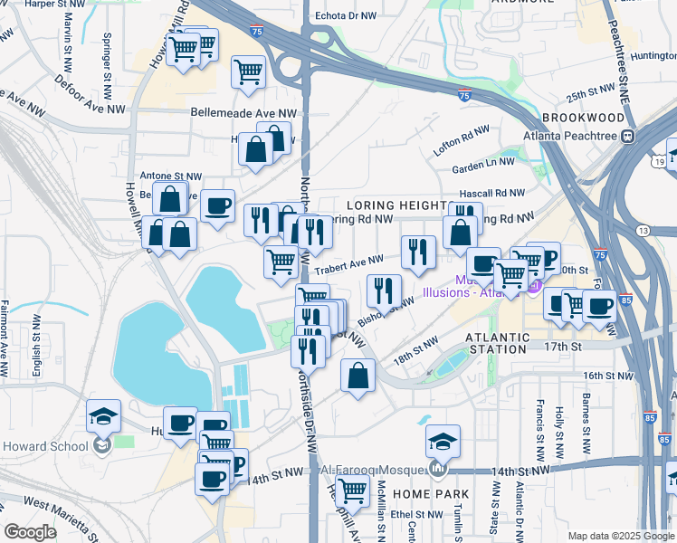 map of restaurants, bars, coffee shops, grocery stores, and more near 506 Motivation Circle Northwest in Atlanta