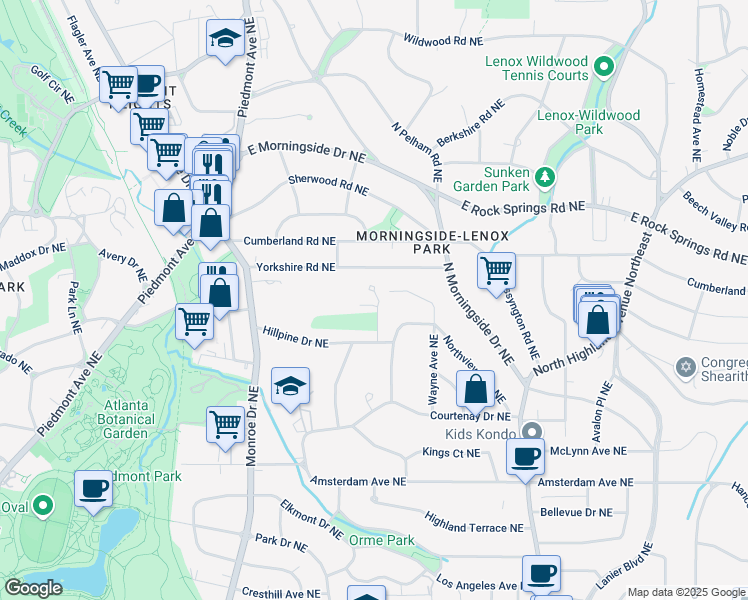 map of restaurants, bars, coffee shops, grocery stores, and more near 1440 Hillpine Lane Northeast in Atlanta