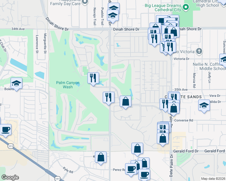 map of restaurants, bars, coffee shops, grocery stores, and more near 68521 Paseo Real in Cathedral City