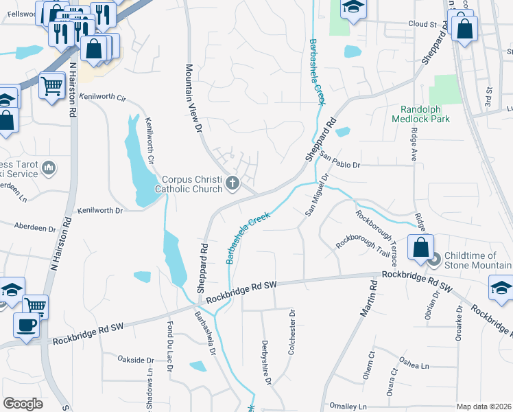 map of restaurants, bars, coffee shops, grocery stores, and more near 4992 Owen Mill Court in Stone Mountain