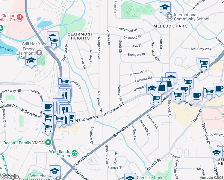 map of restaurants, bars, coffee shops, grocery stores, and more near 589 Willivee Drive in Decatur