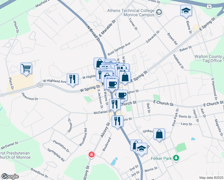 map of restaurants, bars, coffee shops, grocery stores, and more near 140 South Broad Street in Monroe