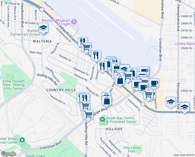 map of restaurants, bars, coffee shops, grocery stores, and more near 25240 Denny Road in Torrance