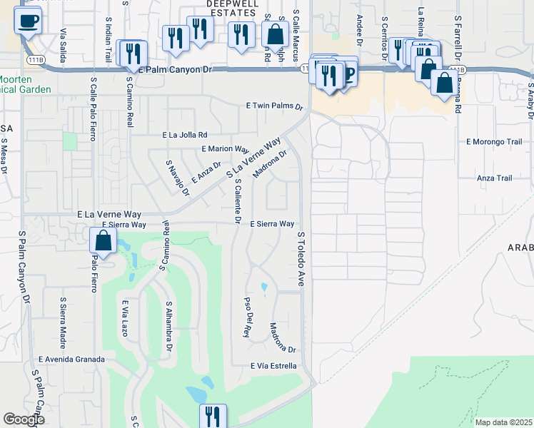 map of restaurants, bars, coffee shops, grocery stores, and more near 1491 East Sierra Way in Palm Springs