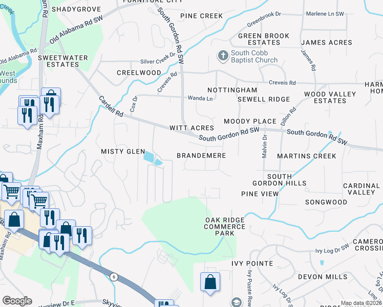 map of restaurants, bars, coffee shops, grocery stores, and more near 1841 Brandemere Drive Southwest in Austell