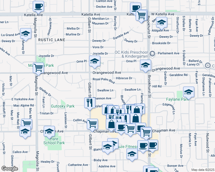 map of restaurants, bars, coffee shops, grocery stores, and more near 11596 Bart Drive in Garden Grove