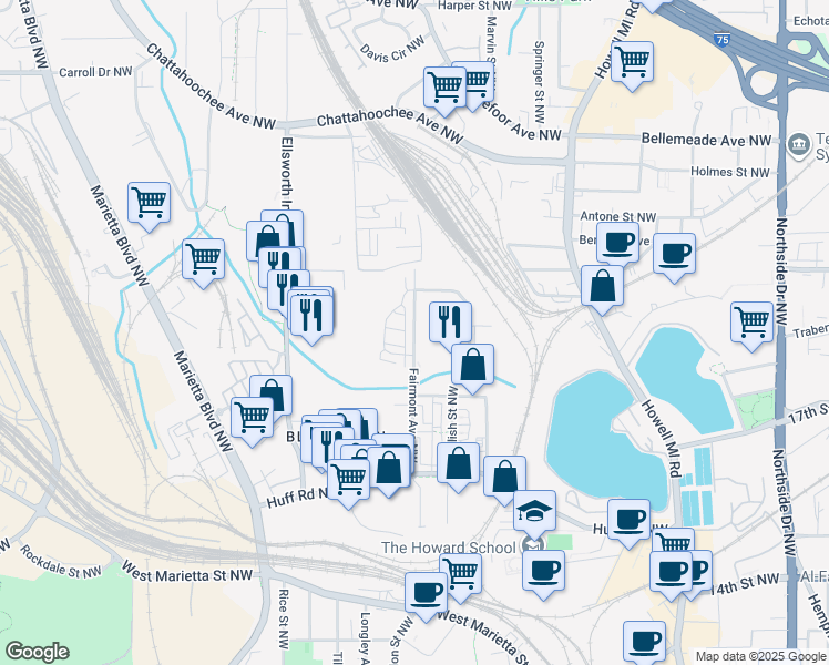 map of restaurants, bars, coffee shops, grocery stores, and more near 1429 Fairmont Avenue Northwest in Atlanta