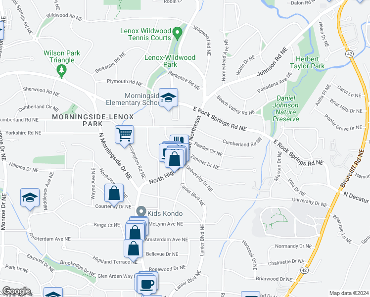 map of restaurants, bars, coffee shops, grocery stores, and more near 1448 North Highland Avenue Northeast in Atlanta