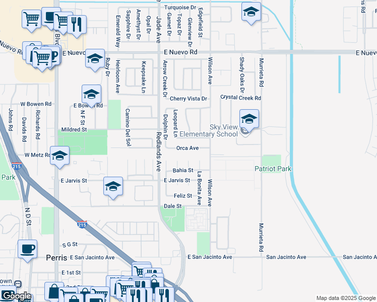 map of restaurants, bars, coffee shops, grocery stores, and more near 515 Orca Avenue in Perris