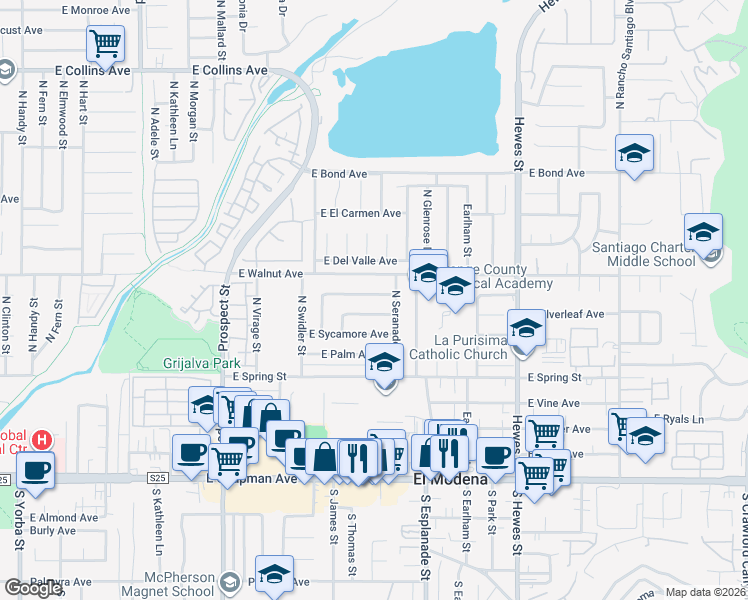 map of restaurants, bars, coffee shops, grocery stores, and more near 3908 East Silverleaf Avenue in Orange