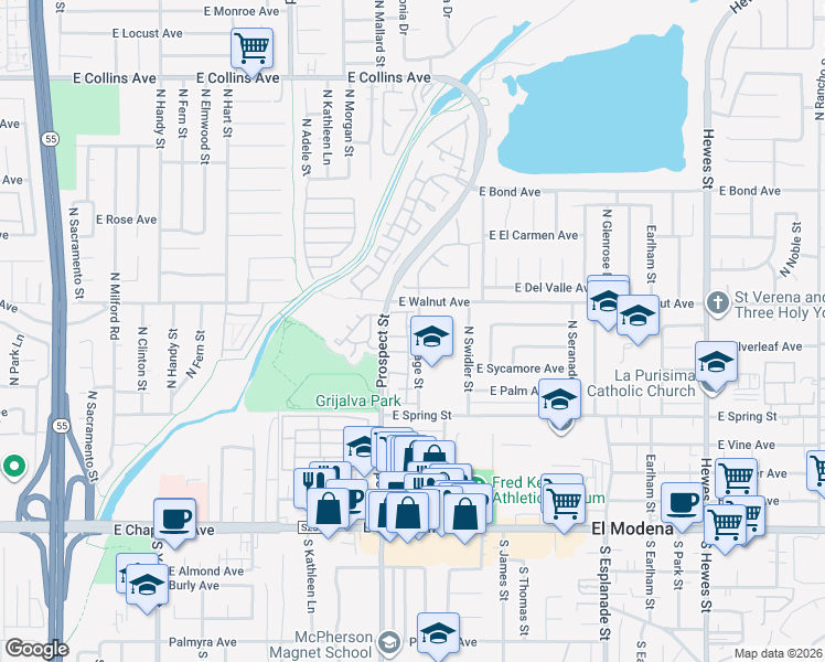 map of restaurants, bars, coffee shops, grocery stores, and more near 3410 East Glastonbury Lane in Orange