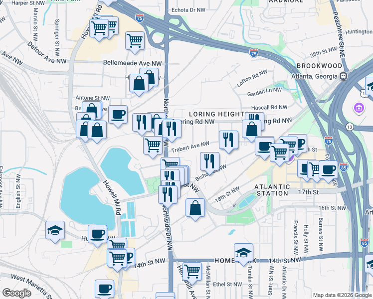 map of restaurants, bars, coffee shops, grocery stores, and more near 500 Motivation Circle Northwest in Atlanta