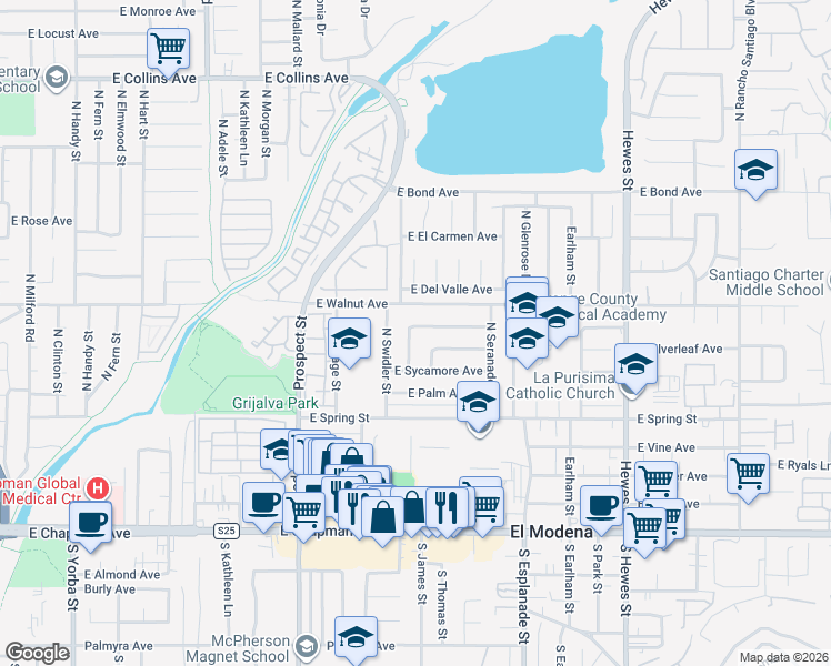 map of restaurants, bars, coffee shops, grocery stores, and more near 3730 East Euclid Avenue in Orange