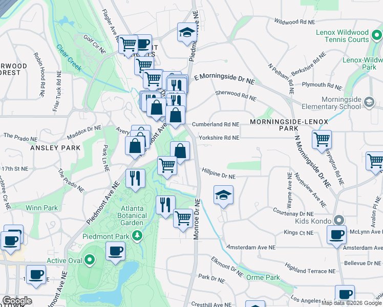 map of restaurants, bars, coffee shops, grocery stores, and more near 1426 Monroe Drive Northeast in Atlanta