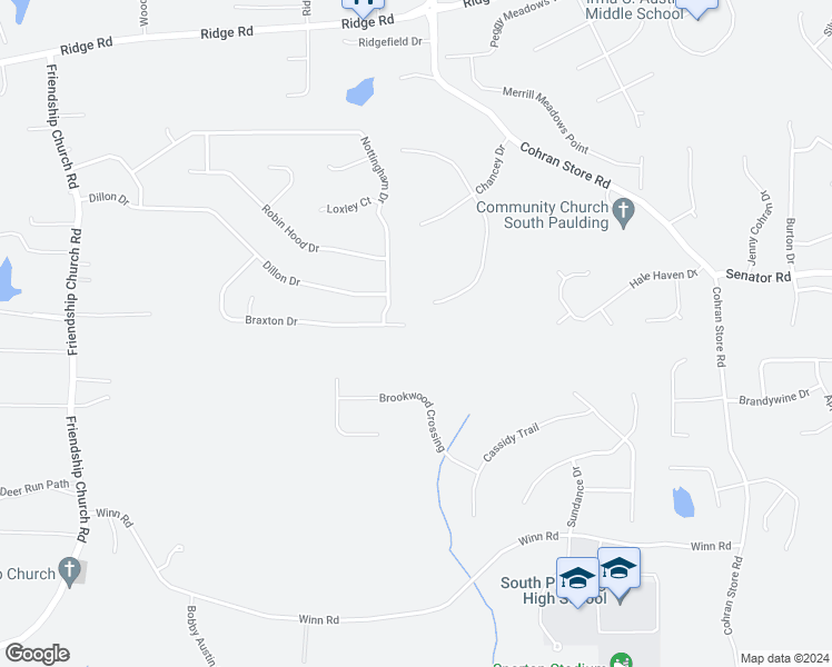 map of restaurants, bars, coffee shops, grocery stores, and more near 576 Braxton Drive in Douglasville