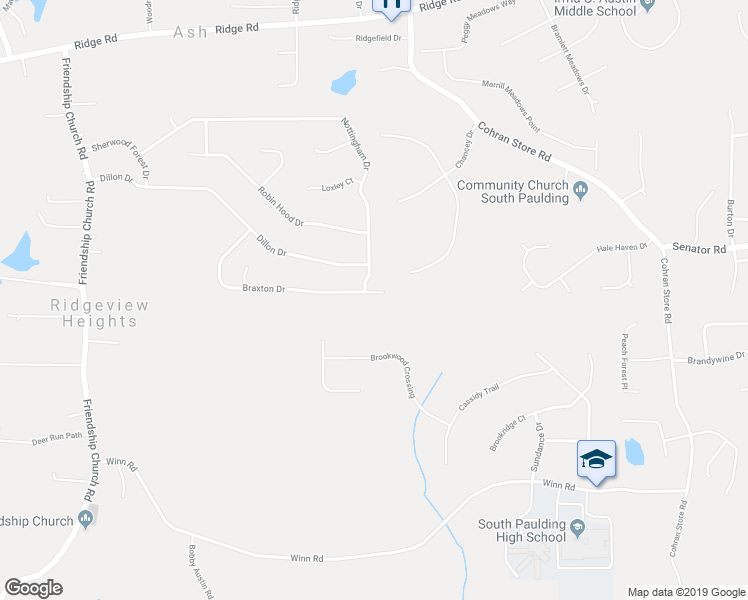 map of restaurants, bars, coffee shops, grocery stores, and more near 544 Braxton Drive in Douglasville