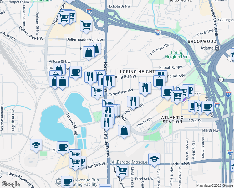 map of restaurants, bars, coffee shops, grocery stores, and more near 568 Trabert Avenue Northwest in Atlanta