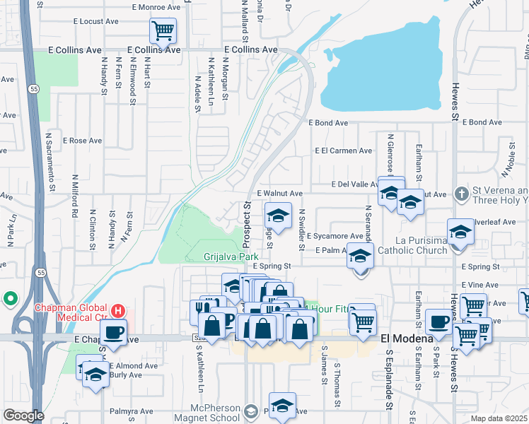 map of restaurants, bars, coffee shops, grocery stores, and more near 3331 East Carnegie Lane in Orange